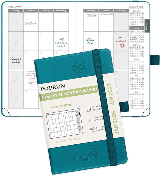 POPRUN Pocket Monthly Planner 2026-2027 (Pocket- 4''x 6.25'' Soft Leather Cover) - 18 Month Calendar Book for Purse (Jan.2026 - Jun. 2027), 100 GSM Thick Paper - Pacific Green
