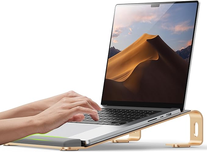 Aluminum Laptop Stand, Notebook Stand with Wrist Rest, Ergonomic Detachable Laptop Mount, Computer Stand Compatible with 10-17'' All Laptops Such as MacBook Air Pro/HP/Dell/Lenovo, Gold