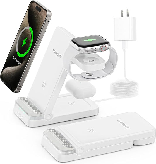 Wireless Charger, Tribone 3 in 1 Foldable Fast Charger for iPhone 16 15 14 13 12 11 Pro Max XR XS 8 Plus,for Multiple Devices，for Apple Watch 10 9 8 7 6 5 4 3 2 SE Ultra,for AirPods Pro 4 3 2 (White)