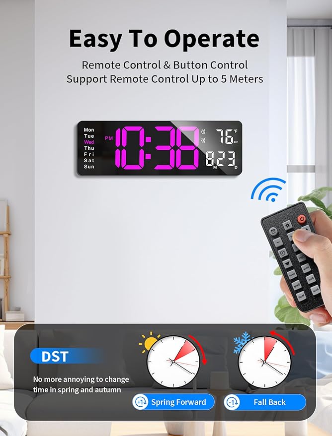 MASHI Digital Wall Clock, 16" Large Display Digital Clock with Remote Control, Auto-Dimming Wall Clock with Night Light, DST, Date Week,Temp for Living Room, Bedroom, Decor, Gift for Elderly