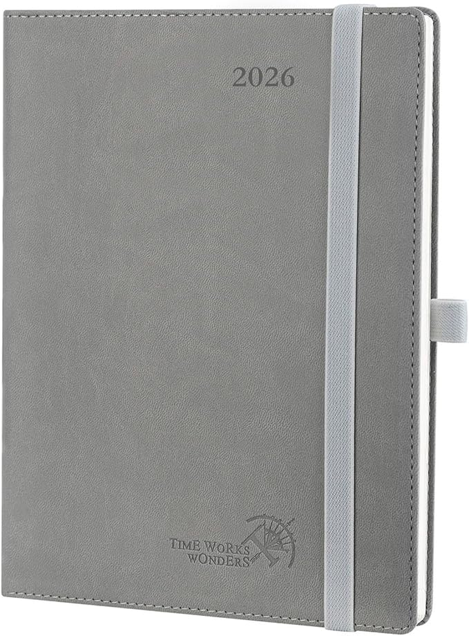 POPRUN 2026 Planner (Medium - 6.5'' x 8.5'') - 2026 Weekly Calendar ((Jan. 2026 - Dec. 2026) with Hourly Time Slots, Weekly/Monthly Appointment Book for Time Management - Leather Soft Cover - Grey