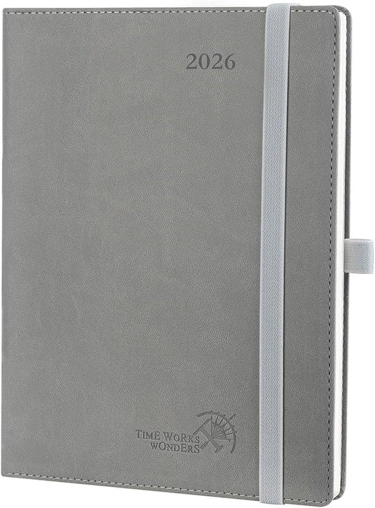 POPRUN 2026 Planner (Medium - 6.5'' x 8.5'') - 2026 Weekly Calendar ((Jan. 2026 - Dec. 2026) with Hourly Time Slots, Weekly/Monthly Appointment Book for Time Management - Leather Soft Cover - Grey