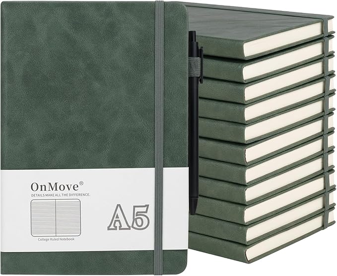 Notebooks Journal for Women Men 12 Pack Bulk Leather Hardcover with Pen Holder A5 160 Pages 100 GSM Thick Paper for Work School Lined Green
