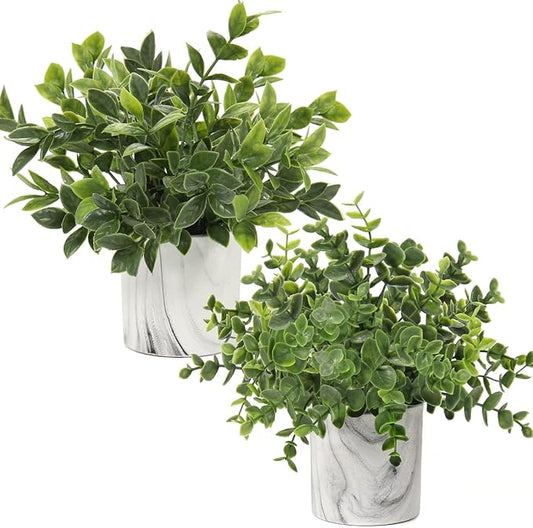 Hollyone Faux Plants Indoor Artificial Mini Potted Plants Plastic Green Plant Small Fake Plants Eucalyptus Decor in Pots for Home Table Room Bathroom Decor
