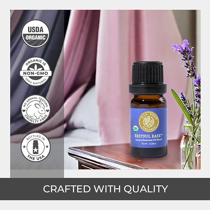 Silk Road Organic Restful Ease Essential Oil Sleep & Stress Blend - 100% Pure USDA Certified with Indian Sandalwood - Stress Ease Aromatherapy & Calming Relaxation - 10 ml Dropper