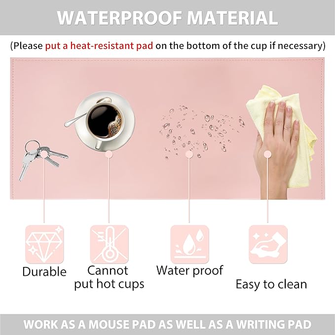 AKOZLIN 27.55”x 15.8" Soft PU Leather Surface Office Desk Mouse Mat Anti-Push Pad with Full Grip Fixation Lip Table Blotter Edge-Locked Protector Pink