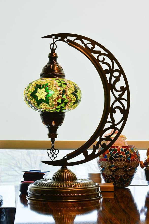 mozaist Turkish Mosaic Moon Shape Table Lamp, Moroccan Crescent Vintage Handmade Desk Light, Country Living Room, Kitchen Island Decorative Lighting, Authentic Bohemian Bedside Dim Nightstand (Green)
