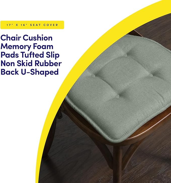 Sweet Home Collection Chair Cushion Memory Foam Pads Tufted Slip Non Skid Rubber Back U-Shaped 17" x 16" Seat Cover, 6 Pack, Scuba Green