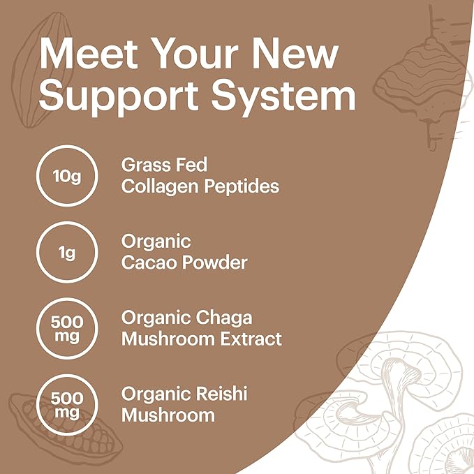 Wellthy Collagen Superfood Powder, Fights Stress & Fatigue, Cacao, Mushroom Powder - Organic Chaga & Reishi Extracts, Certified Organic Matcha, Allergen-Free & Non-GMO