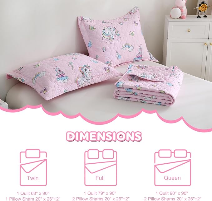 Pink Unicorn Girls Quilt Set Queen Size Kids Bedding Sets Lightweight Summer Bedspread Soft Microfiber Breathable Bed Comforter All-Season