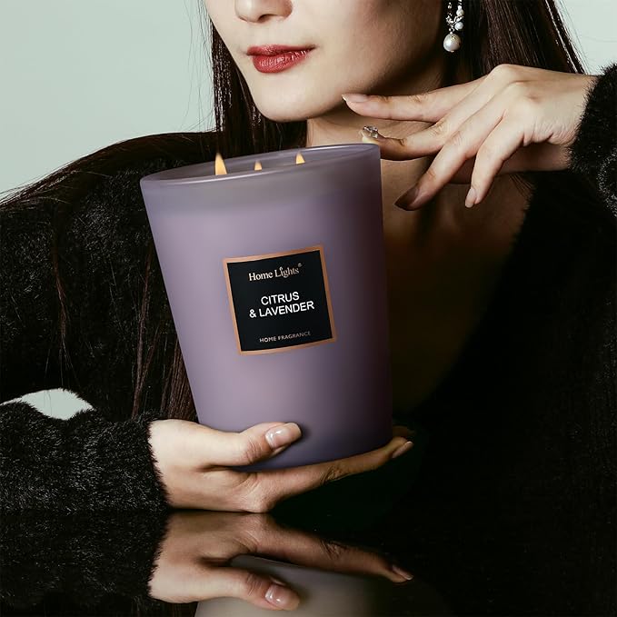 HomeLights Scented Candles - Large Jar Aromatherapy, Natural Soy Wax, 130 Hour Long Burning, Citrus & Lavender