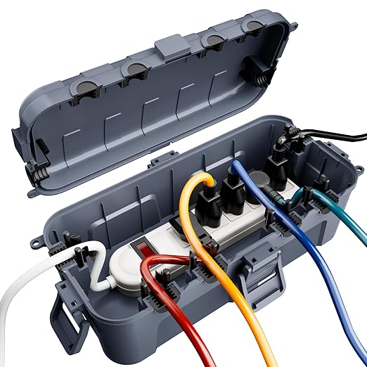 RESTMO Outdoor Electrical Box, IP54 Weatherproof Extension Cord Cover with 6 Cable Entry Ports, Waterproof Connection Box Protect Power Strip, Timer, Plug, Holiday Lights, (11.5x5.2x4 inch), Gray
