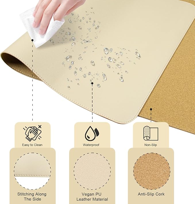 Dual-Sided Desk Pad, Natural Cork & PU Leather Mouse Pad for Desk, Desk Pad Protector, Non-Slip Desk Mat for Office and Home Work, (Apricot, 23.6" x 13.7")