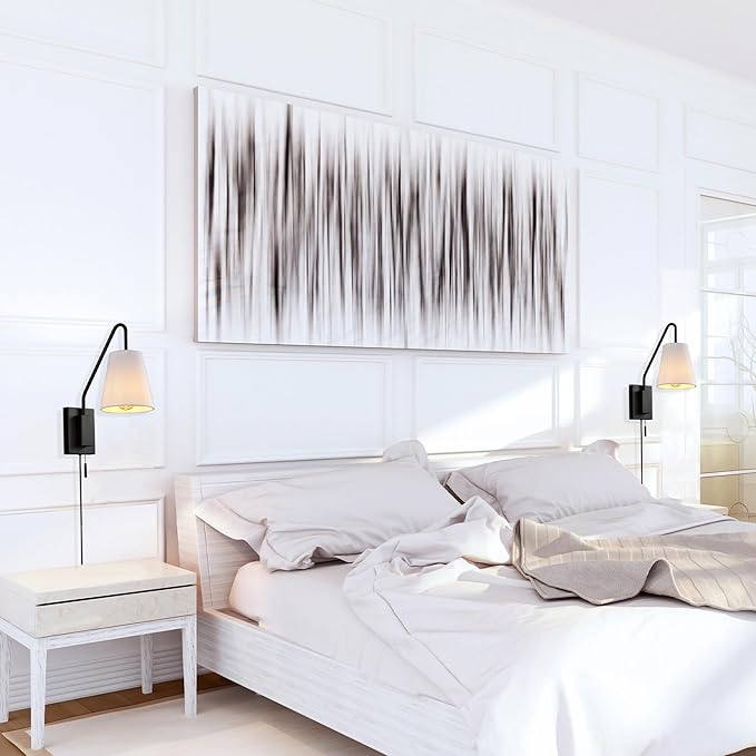 GLOBE Electric 65000043 1-Light Plug-in or Hardwire Wall Sconce, Matte Black, White Fabric Shade, Swing Arm, 6ft Black Braided Fabric Cord, On/Off Pull Chain, Wall Lights for Living Room, Home Décor