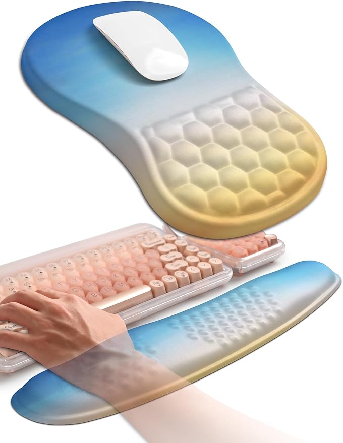 Hokafenle 2in1 Combination, Wave Keyboard Wrist Rest and Ergonomic Curvature Mouse Pad Wrist Support for Relieve Wrist Pain, Filled with Soft Cushion Memory Foam, Sunrise