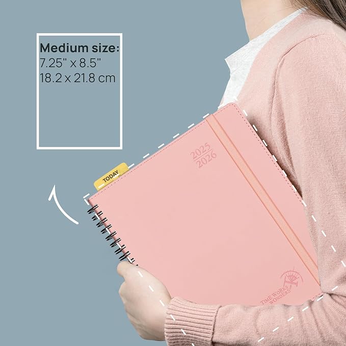 POPRUN 2025-2026 Weekly Planner 7.25'' x 8.25''Academic Spiral Appointment Book (July 2025-June 2026) with Quarter-Hourly Schedule, Monthly Tabs, Leather Softcover, Inner Pocket - Soft Pink