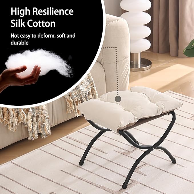 Welnow Folding Foot Stool, Upholstered Small Accent Ottoman with Detachable Thick Cotton Cushion Padded Sofa Stool and Metal Frame for Lazy Chair, Living Room, Bedroom, Beige