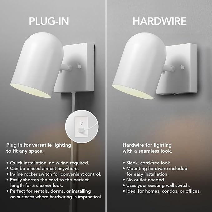 GLOBE Electric 65000146 1-Light Plug-in or Hardwire Wall Sconce, Matte White, 6ft White Braided Fabric Cord, in-Line Rocker Switch, Wall Lights for Living Room, Home Décor