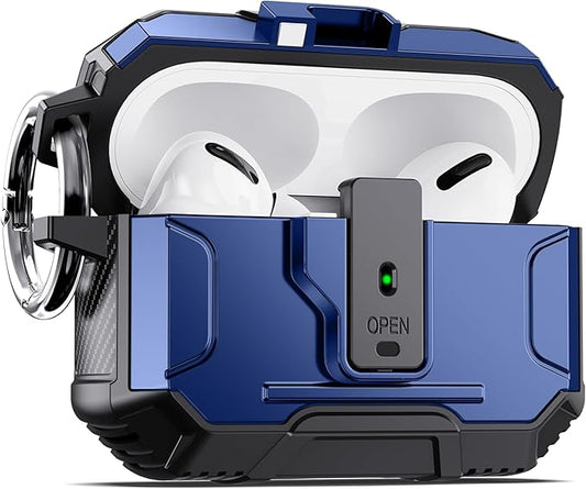 DASFOND Armor Earphone Cover Case for Airpods Pro 2, Military Grade Full Body Shockproof Protection Hard Case, Support Wireless Charging with Keychain, Magnetic Lid, Front LED Visible, Blue