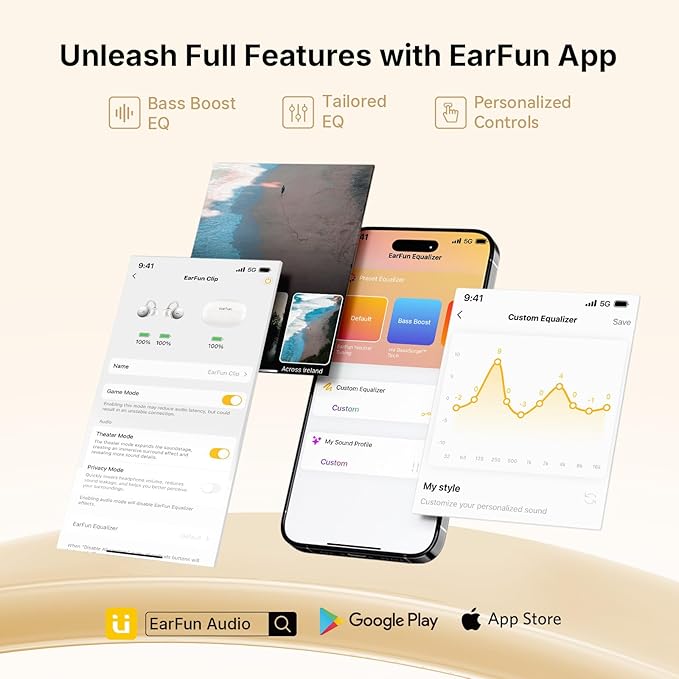 EarFun Clip Open Ear Earbuds, Wireless Clip On Headphones, Adaptive Comfort with Secure Fit, Bluetooth 6.0, LDAC, Hi-Res Audio, 2 Mics AI ENC Call, 40H Playtime, Earbuds for Sports, Running, White