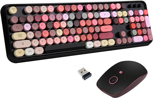 Letton USB Retro Typewriter Keyboard, Wireless Full Size with 104 Colorful Round Key and Cute Mouse with 3 DPI, 2.4GHz for Office Computer Laptop Mac PC-Black