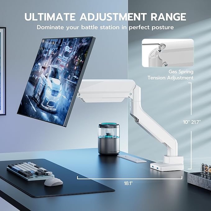 ARES WING Single Monitor Arm, Heavy Duty Adjustable Monitor Arm for 13"-49" Screens with USB, Gas Spring Desk Mount Stand with C Clamp/Grommet Mounting Base up to 40lbs Computer, White