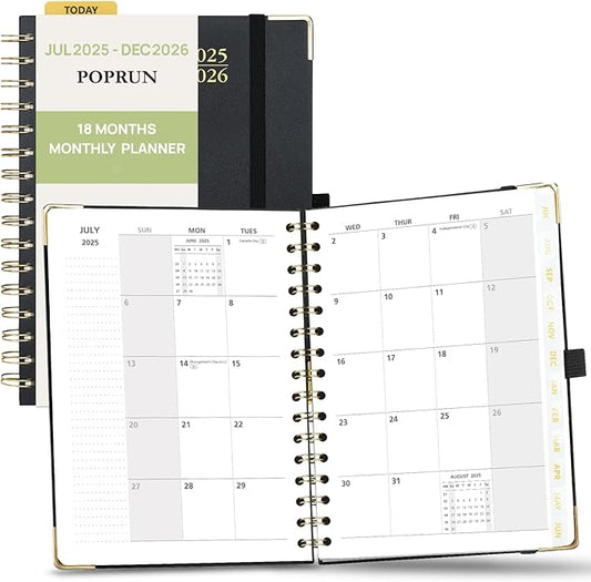 POPRUN Monthly Planner 2025-2026 Spiral Hardcover (6.25'' x 8.5''), 18 Months Calendar (Jul.2025 - Dec.2026)- 2 Pages per Month with Dotted Note Pages, Sunday Start, Laminated Tab - Black