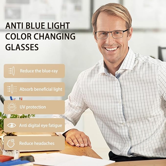 YIMI Photochromic Blue Light Blocking Glasses UV400 Protection Sunglasses Anti Eyestrain Computer Gaming Blue Light Screen Blocker Glasses Anti Glare Shade Metalt Eyewear for Men and Women