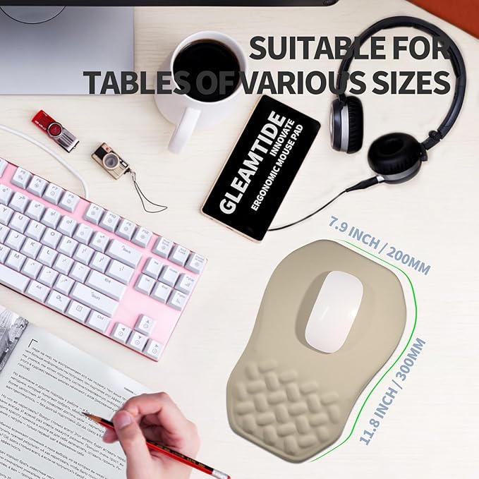 Ergonomic Raised Mouse Pad Wrist Support with Bilateral Slope Memory Foam Mousepad for Wrist Rest and Carpal Tunnel Pain Relief 11.8x7.9〃 Khaki