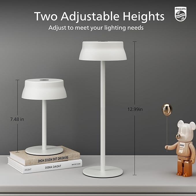 Philips Cordless Table Lamp, Portable Outdoor LED Desk Light,Rechargeable Battery Operated, 2 Adjustable Height, Touch Control & 3 Color Stepless Dimming, Waterproof Lamps for Restaurant/Bedroom