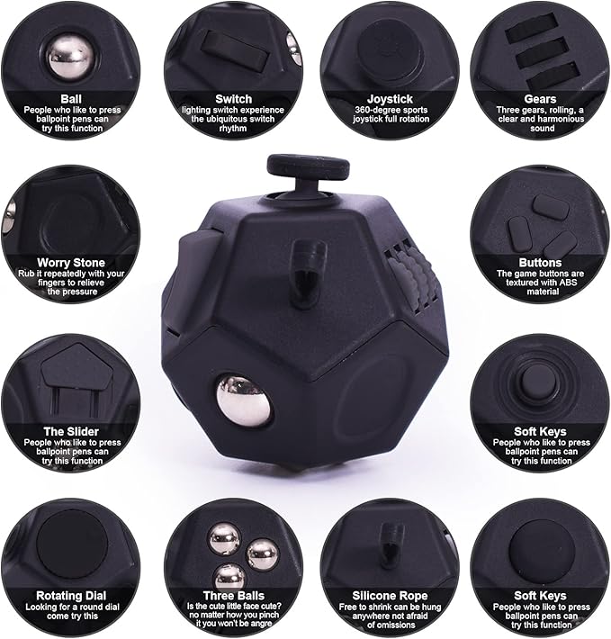 Mini Fidget Toys, Cool Black 12 Sided Fidgets Toy Cubes for Kids Adults with Anxiety ADHD Autism and Relief Stress (Pure Black)