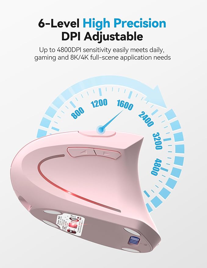 TECKNET Ergonomic Mouse, Rechargeable 2.4G+Bluetooth Vertical Mice 6 DPI Adjustable, Wireless Optical Carpal Tunnel Mouse for Right Hand, Silent 6 Buttons for Laptop, PC, MacBook, iPad - Pink