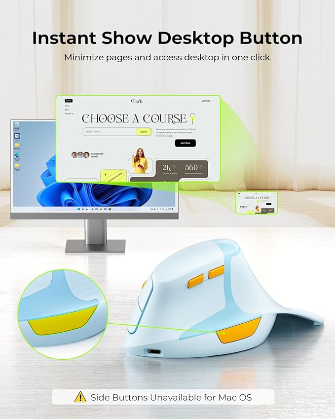 seenda Ergonomic Mouse Rechargeable, 2.4G USB & Type C Vertical Wireless Ergo Mouse with Instant Desktop Return Key, Quiet Click, Palm Rest, Anti-Slip Optical Mice for Mac OS, Windows, Blue