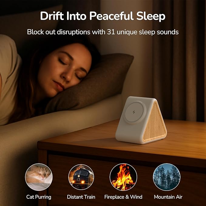 Housbay Sound Machine with Magnetic Wireless Charger for iPhone,2-in-1 Design for Clutter-Free Nightstand,Dual-Speaker Stereo Sound for Sleeping - White Oak