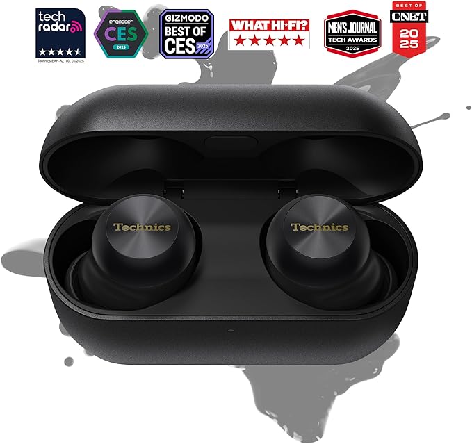 Technics Reference Class Hi-Fi Wireless Earbuds, Dolby Atmos with Head Tracking, Adaptive Noise Cancelling, 3 Device Multipoint, 10-hr Battery, Wireless Charging, Improved Fit - EAH-AZ100-K (Black)