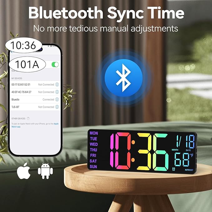 Digital Wall Clock Large Display, 13" Large Digital Wall Clock with RGB Color Remote Control, Automatic Brightness Dimmer Big Clock with Night Lights, Auto DST, Date Week,Perfect for Gift