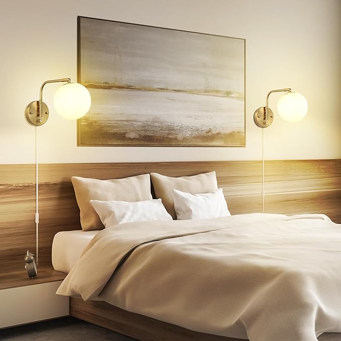 Wall Sconces Plug in, Dimmable Swing Arm Wall Lights with Plug in Cord and Dimmer On/Off Knob Switch, Dimmable Wall Light with Milky White Glass Globe Shade(1 Bulb Included)