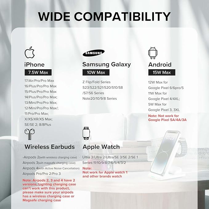 Wireless Charging Station, 3 in 1 Fast Wireless Charger Stand for Multiple Devices Apple Watch Ultra Series 11 10 9 8 7 6 SE 5 4 3 2, iPhone 17 16 15 14 13 12 11 Pro Max/Plus/Air/X/XS/XR/SE, Airpods