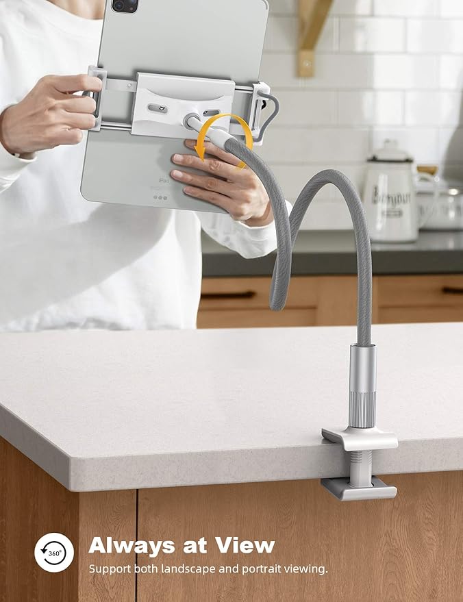 Lamicall Gooseneck Tablet Holder, Tablet Stand : Flexible Arm Clip Tablet Mount Compatible with iPad mini Pro Air, Kindle, Switch, Galaxy Tabs, More 4.7-10.5" Devices - Gray