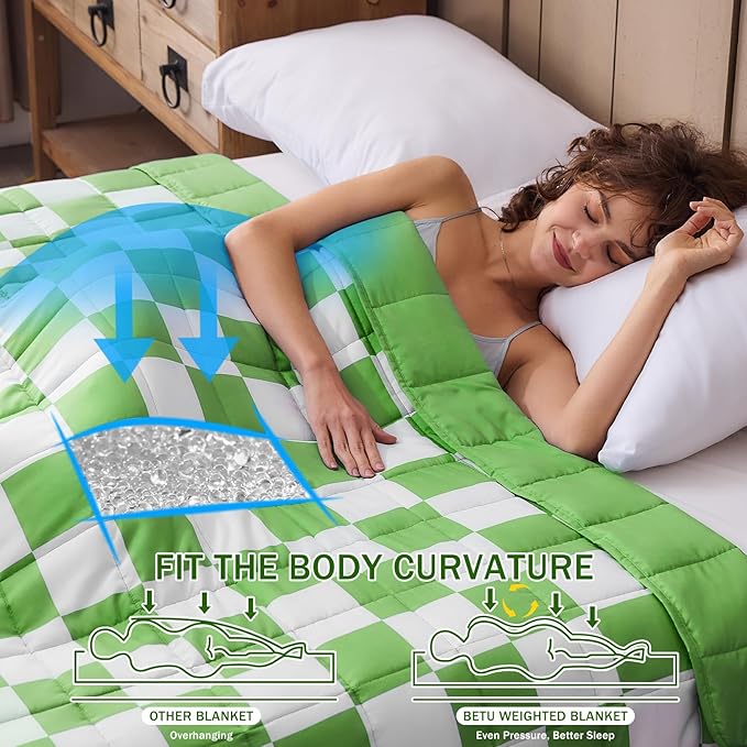 Green Checkered Weighted Blanket for Adults 15lbs, 48"x72" Twin Size, Cooling Heavy Blanket Microfiber for 120-160lbs with Premium Glass Beads, Soft Thick Big Blankets for All-Season Sleeping Comfort