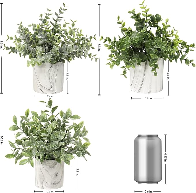 Hollyone Mini Artificial Potted Plants Fake Plants in Marble Pots, 3Pcs Plastic Eucalyptus Greenery Faux Plants for Home Office Desk Room Centerpiece Shelf Décor