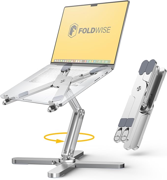 FoldWise X Premium Laptop Stand for Desk - 100% Aluminum, Portable & 360° Rotating - Adjustable Height & Angles Laptop Riser - Sturdy & Foldable MacBook Stand Compatible with All 11-18” Devices