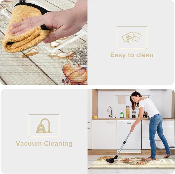 KIMODE Fall Kitchen Mat for Floor Anti Fatigue, Pumpkin Orange Kitchen Mats 2 PCS, Autumn Farmhouse Kitchen Rugs Non Slip, Cushioned Kitchen Floor Mats for Sink, Laundry, Desk 17"x47"+17"x29"