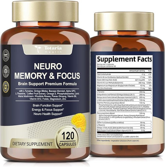 C-affeine Pills Brain Supplements for Memory and Focus L-Tyrosine, Alpha GPC, Ginkgo Biloba, Bacopa Monnieri, Brain Nootropic Cognitive Support - Non-GMO, Gluten Free (120 Counts)