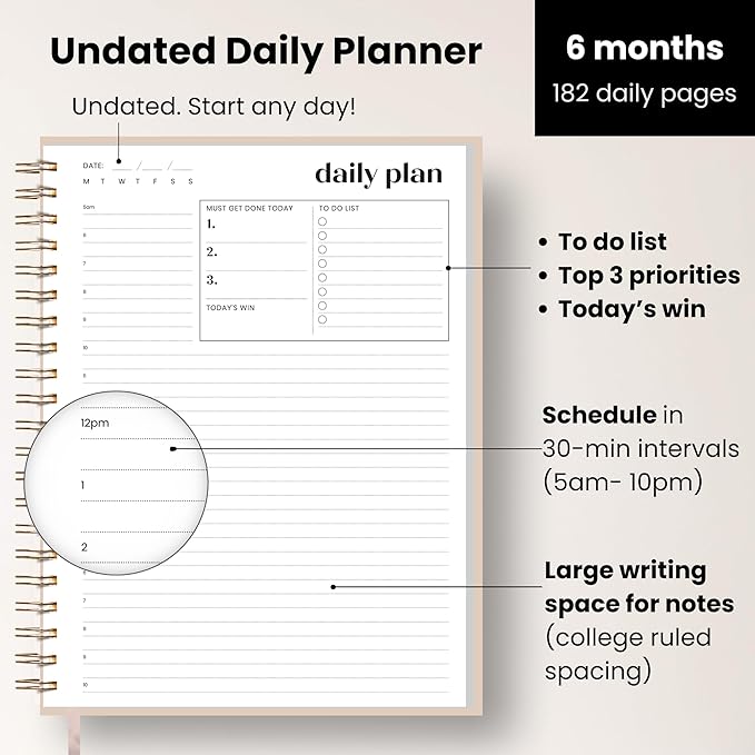 Large Daily Planner with Hourly Schedule, 8.5" x 11" Undated 6-Month Planner for Productivity, Full Page a Day, 2025-2026 Calendar, To Do List, Time Blocking, Beige Aesthetic Hardcover Spiral Notebook