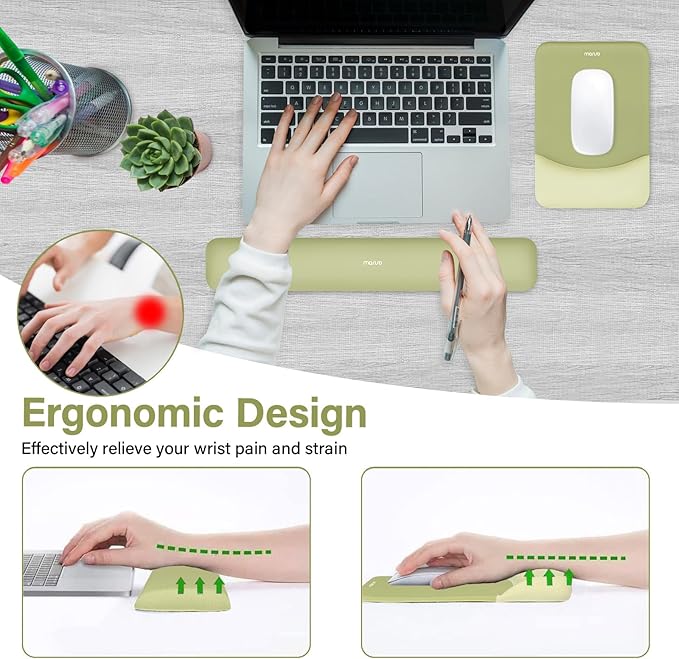 MOSISO Wrist Rest Support for Mouse Pad&Keyboard Set, Rectangular Ergonomic Mousepad Non-Slip Base Home/Office Pain Relief&Easy Typing Pad with Neoprene Cloth&Raised Curved Memory Foam, Olive Green