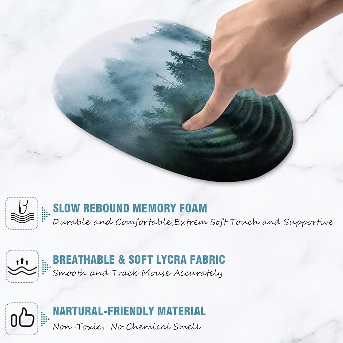 Ergonomic Mouse Pad with Wrist Support, Desktop Mouse Pad Wrist Rest Design and Non-Slip PU Base, Computer Mousepads for Pain Relief, Office & Home, Fog Forest