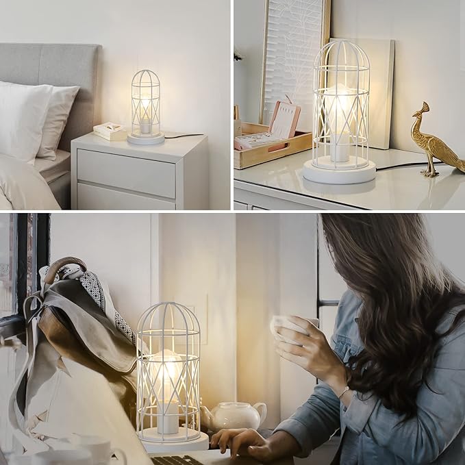 Bedside Touch Lamp, Small Table Lamp for Bedroom Living Room, 3 Way Dimmable Modern Nightstand Lamp, Simple Desk Lamp with White Metal Cage Shade, 2700K LED Bulb Included