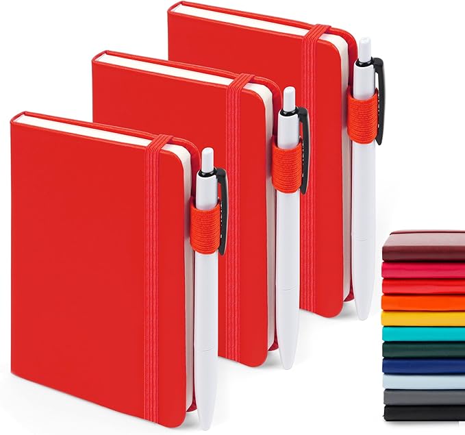 feela 3 Pack Pocket Notebook Journals with 3 Black Pens, A6 Mini Cute Small Journal Notebook Bulk Hardcover College Ruled Notepad with Pen Holder for Office School Supplies, 3.5”x 5.5”, Red