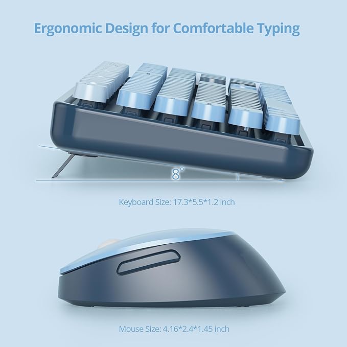 Guffercty kred Colorful Blue Wireless Keyboard and Mouse Combo, Retro Typewriter Wireless Full-Size Cute Office Keyboard 2.4GHz with Round Keycaps for Desktop Laptop and PC (Ocean Blue)